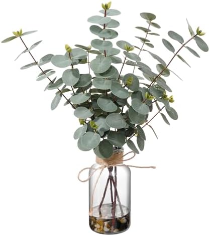 Artificial Eucalyptus Stems in Glass Vase, 15.74-in Greenery