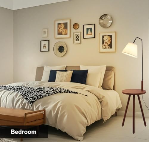 Fiqevs Wood Tripod Floor Lamp with Shelf & LED Bulbs, Mid-Century Modern Standing Lamp with Wooden Shelf & Linen Shade for Living Room, Bedroom, Office