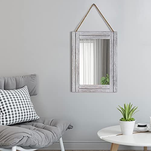 12 x 16 in Wall Decorative Mirror, Rustic Wood Frame Rectangular Mirror with Hanging Rope for Entryway, Bedroom, Guest Bathroom, Living Room, Bedroom - Grey