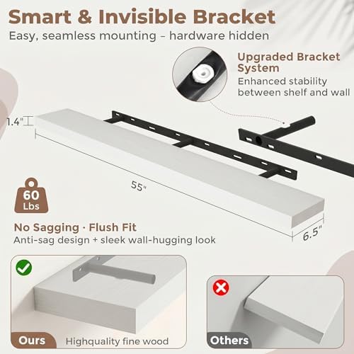 FLYJOE 55 Inch Floating Shelves for Wall Set of 2, 6.5" D Wood Grain Bathroom Shelves with Invisible Brackets, Easy Install Engineered Wood Storage Shelves for Kitchen, Living Room, Bedroom