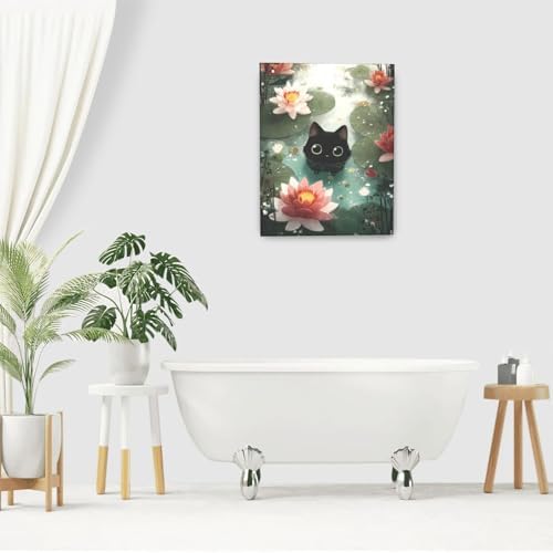 Crekviy Vintage Black Cat Bathroom Decor Wall Art Funny Cat Pictures Water Lilies Canvas Prints Painting Artwork Decorations Gifts for Bedroom Living Room Office Framed 16"x20"