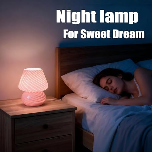 jonong Bedside Lamp Glass Striped Mushroom Table Lamp with 3 Color Modes LED Small Decorative Table Lamp for Gift Present,Suit for Bedroom, Living Room, Home Decor, Baby, Kids, Women (Pink)