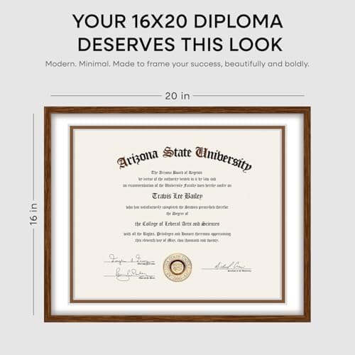 Homeforia 16x20 Brown Oak Diploma Frame, High-End Wood, 14x17 Mat, Glass