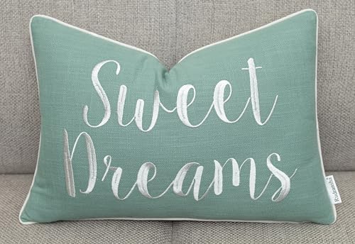Rudransha Sweet Dreams Light Teal Lumbar Pillow Cover 12x18 – Embroidered Script Quote Cotton Cushion Case – Good Night Sleep Bedroom Nursery Decor for Bed Crib Guest Room