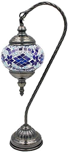 SILVERFEVER Handcrafted Mosaic Turkish Silver Fever Handcrafted Mosaic Turkish Lamp Moroccan Glass Table Desk Bedside Light Bronze Base with E12 Bulb(Blue Wave Lattern)