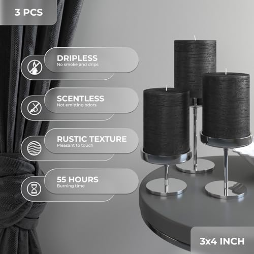 CANDWAX 3x4 inch Pillar Candles Set of 3 – Unscented Dripless Rustic Black Candles for Halloween Decor, Parties, Indoor Styling