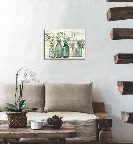 Yaoliyu Bathroom Decor Eucalyptus Flower Canvas Wall Art Green Botanical Prints Plant Floral Glass Vase Painting Rustic Bathroom Picture Wall Decor Farmhouse Artwork 12x16inch