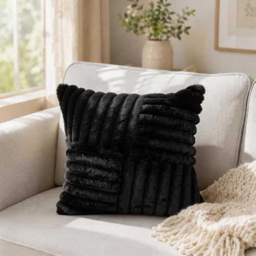 All Smiles Black Faux Fur Decorative Throw Pillow Covers 18x18 Set of 2