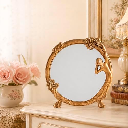 Vintage Gold Mirror Desk Decor -Antique Small Vanity Table Decorative, Oval | Art Nouveau with Stand, Cute Princess Frame, for Tabletop Office Bedroom Furniture Room Bathroom Home Wall Accessories