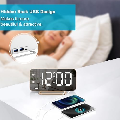 JALL Slim LED Digital Alarm Clock, Mirror Surface for Makeup, with Diming, Large Display, Easy Setting, USB Ports, Modern Decor for Bedroom, Desk, Gift for Women, Sister, College Girl, Black