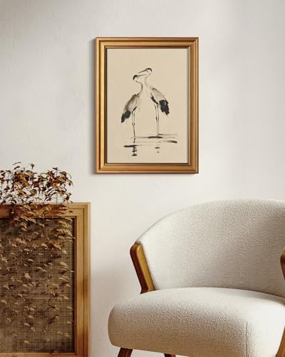 WHASAYART Gold Framed Vintage Wall Art for Living Room, Animals Painting Prints Shelf Decor for Kitchen, Aesthetic Bedroom Wall Art, Best Gifts for Friends or Family - Two Cranes 16L x 12W