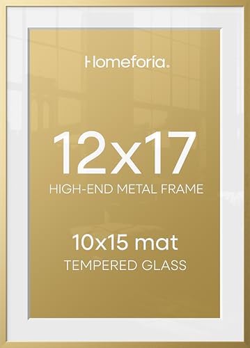 Homeforia 12x17 Gold Picture Frame, High-End Metal, 10x15 Mat, Glass