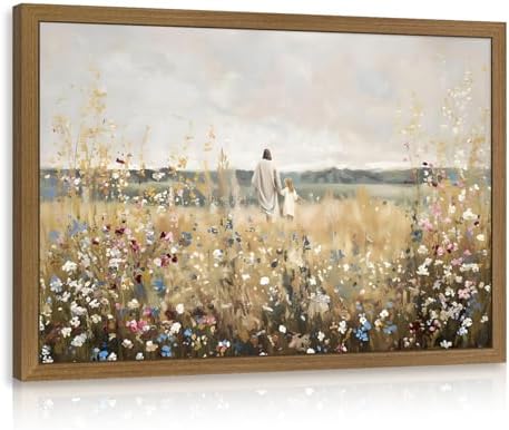 EisEver Jesus Walking with Girl Wall Art, Inspirational Christian Faith Decor, Rustic Wildflower Meadow Canvas Painting, Biblical Landscape Artwork or Church Kids Room Wood Framed 12x16 Inch