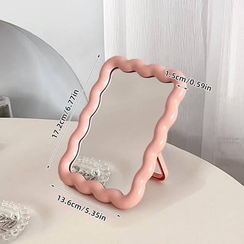Wave Table Desk Vanity Makeup Mirror Small Make Up Office Mirror Pink | Desk Decor,Cute Mirror,Cute Desk Accessories,Mini Mirror,for Standing Hanging,6.7X5.3Inch,Home Decor