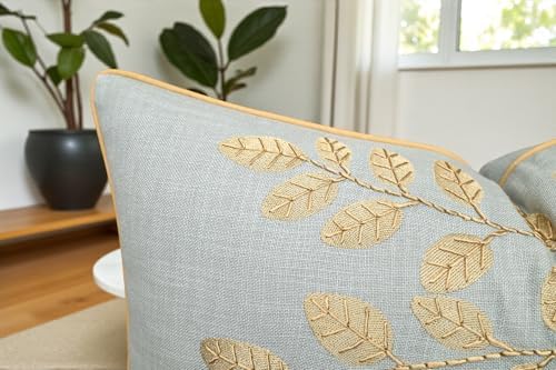 Rudransha Hand Embroidered Cotton Lumbar Pillow Cover - 12x20 Robin’s Egg Botanical Leaf Accent - Hazel Leaves