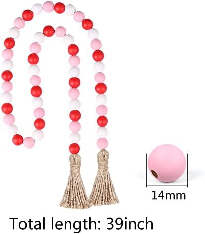 Valentine's Day Wood Bead Garland with Tassel,Rustic Wooden Bead Decor Farmhouse Beads Big Wall Hanging Decor (Pink,39In)
