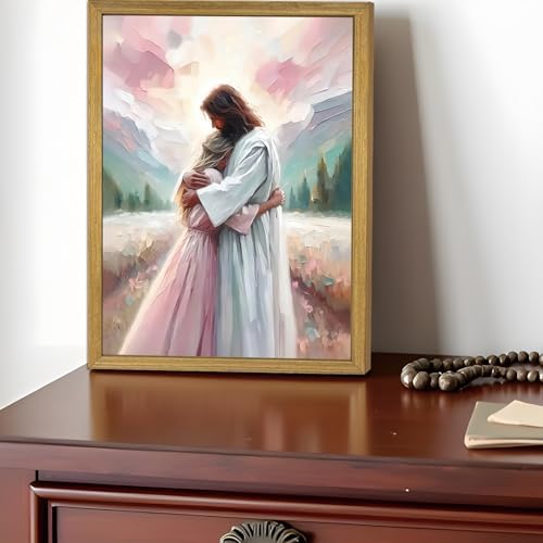 Pink Jesus Wall Art, Christian Canvas Wall Decor Paintings, Jesus Healing Embracing Woman Posters Print Artwork, Pink Room Decor for Living Prayer Church Bedroom 8x10 inch Framed