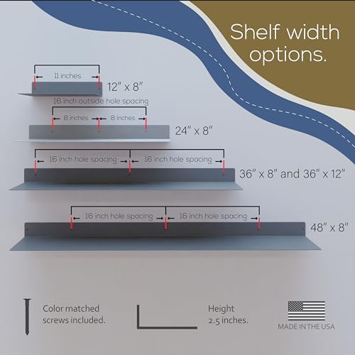24x8 in Metal Floating Shelf Silver Wall Mounted - Made in The USA - Bedroom, Living Room, Bathroom, Kitchen