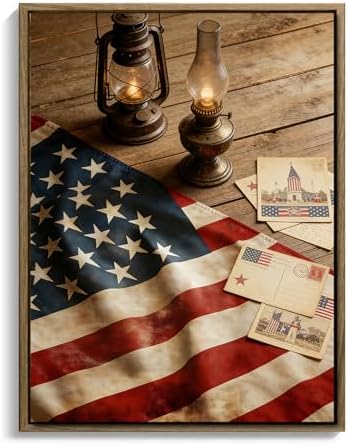 American Flag Framed Canvas Wall Art, 4th of July Patriotic Canvas Prints | USA Flag with Picture Poster Print, Modern Independence Day Wall Decor for Bedroom Living Room Office 24×36in