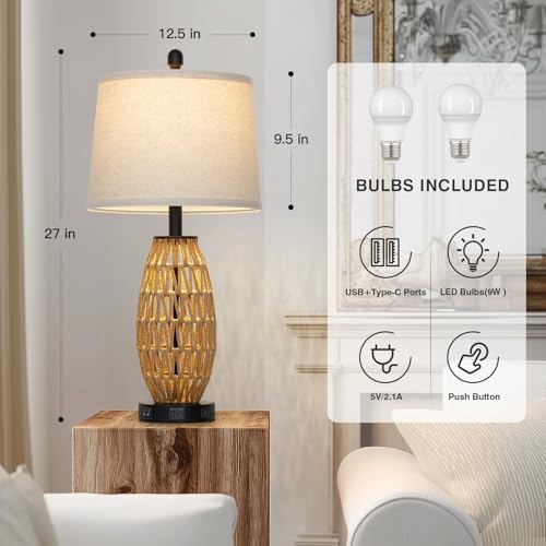 27" Rattan Table Lamps Set of 2, Boho Wicker Lamp with Night Light, Bedside Lamps for Bedroom with USB A+C Charging Port & AC Outlet, Farmhouse Coastal Woven Lamp for Nightstand Living Room