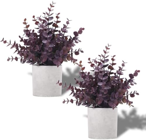 Coferset 2 Pack Small Fake Plants Eucalyptus Potted,Plum