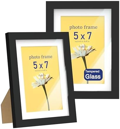 An&He 5 x 7 Picture Frame Set of 2, Black Photo Frame, Wooden Picture Frame with High Definition Glass for Wall & Tabletop Display