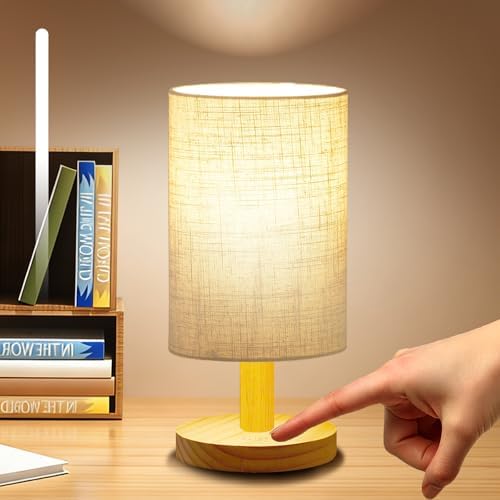 Small Touch Table Lamp for Bedroom, Bedside Lamp for Warm Light LED Desk Lamp, Wood Base Round Flaxen Fabric Shade for Kids Room, Living Room, College Dorm, Home, Office
