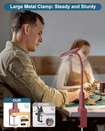 12X Magnifying Glass with Light and Stand, Real Glass, LED 5 Color Modes, Brightness Stepless Dimming Lighted Magnifier Hands Free, Flexible Gooseneck Desk Lamp with Clamp for Close Work, Craft, Red