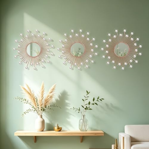 3 Pack Metal Mirrors for Wall Sunburst Wall Mirrors Home Décor Decorative Hanging Wall Art for Living Room Bedroom Entryway (Rose Gold2 Crystal, Sunburst)