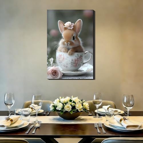 Large Bunny in a Teacup Easter Framed Canvas Wall Art, Rabbit Pictures Prints for Kitchen, Bright Spring Canvas Art & Holiday Home Office Wall Decoration, Ready to Hang, 20x30