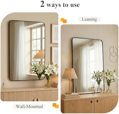 Sweetcrispy Bathroom Mirror, Vanity Mirrors for Wall, 26x38 Inch | Matte Metal Frame, Rounded Rectangle, Over Sink Home Decor, Living Room Bedroom, Black