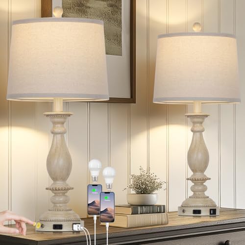 CINSARY 28" Tall Farmhouse Table Lamps for Living Room Set of 2,Vintage Rustic Beige Bedside Touch Lamp with USB C+A Ports & AC Outlet, 3-Way Dimmable Resin Nightstand Lamp for Bedroom Entryway Office