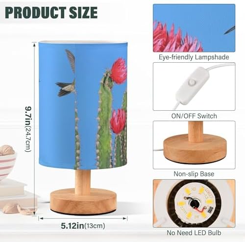Table Lamp Hummingbird Couple Flying to Cactus with Red Flower Blue Sky Nightstand Lamp with Wood Base Fabric Lamp Shade Bedside Desk Lamp for Living Room Bedroom Kids Room Office