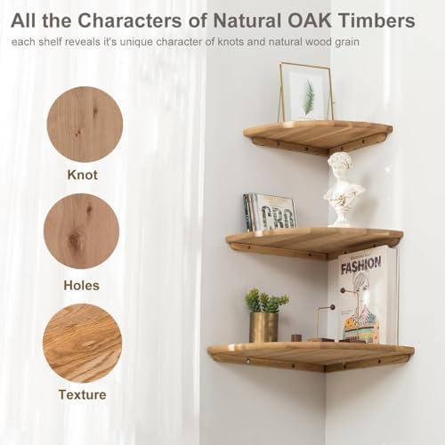 Corner Shelf, Solid Oak Wood Floating Corner Shelves Wall Mount Round End with Wire Hole for Small Plant Photo Frame for Bedroom Kitchen, Living Room