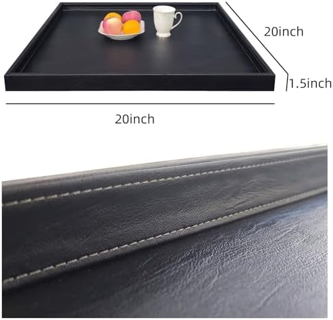 20x20 Inch Square Ottoman Tray - Faux Leather Large Serving Tray for Couch/Coffee Table, Family Dinner, Picnic, Party Decor (Black)