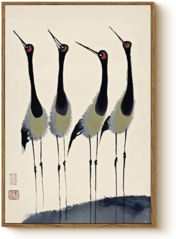 WHASAYART Vintage Framed Ink Crane Wall Art Bird Canvas Wall Decor 16x24 | Four Red-Crowned Cranes Traditional Brush Painting Print, Minimalist Chinese Japanese Bird Nature Artwork for Modern Bathroom