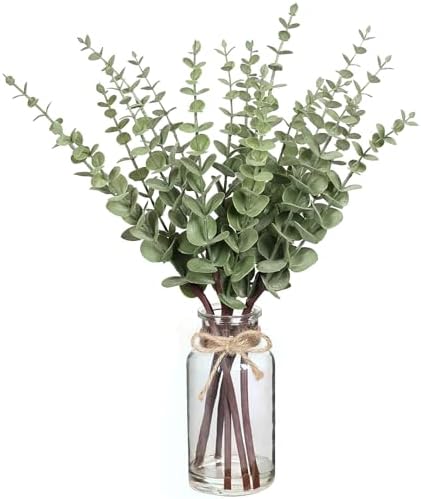 17.5" Artificial Eucalyptus Stems in Glass Vase with Faux Water(Sage Green)