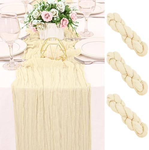 4 Pack 120 Inch Beige Cheesecloth Table Runner Boho Rustic Gauze Sheer Romantic 10 FT Long Cheese Cloth Table Runner for Bridal Baby Shower Wedding Party Birthday Holiday Home Easter Decor