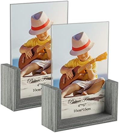 PETAFLOP 4x6 Picture Frame Set of 2, Double Sided Glass Photo Frames 4 by 6, Rustic Wooden Menu Holder Sign Card Stand for Desk Tabletop Display, Light Gray