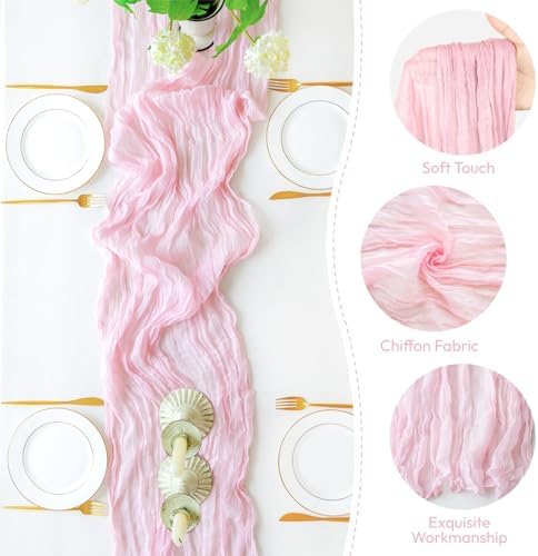 Sioloc 5 Pack Light Pink Cheesecloth Table Runner 120'' x 35'',Spring Easter Decor Soft Gauze Boho Wedding Table Decor for 10ft Table Birthday Party,Baby Shower, Bridal Shower, Home & Event Decor