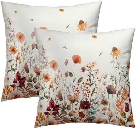 Fall Floral Throw Pillow Covers 16x16inch Set of 2 Autumn Flowers Harvest Pillowcase Wildflower Thanksgiving Farmhouse Seasonal Decorative Cushion Cases for Home Sofa Patio