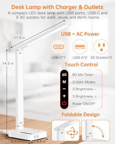 cozoo LED Desk Lamp for Dorm Office, USB-C,AC Outlet, Reading Light, White