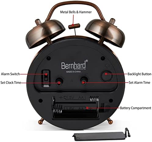 Bernhard Products Analog Alarm Clock Twin Bell Retro Copper Metal 4" Extra Loud Quartz Battery Operated with Backlight for Bedside Table Vintage Silent Non-Ticking Old fashioned Decorative Desk Clocks