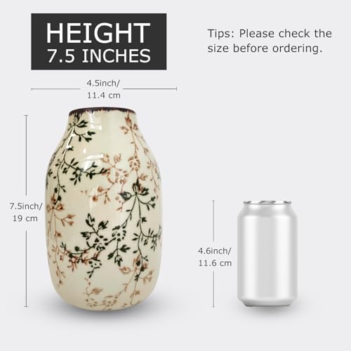 LIFFY Ceramic Vase Green and Beige Vintage Home Decor, Chinoiserie Floral Vase, Rustic Ceramic Large Vases for Home Decors, Living Room, Bookshelf, Office, Chinoiserie Decors, Tuscan Decor 7.5 Inch