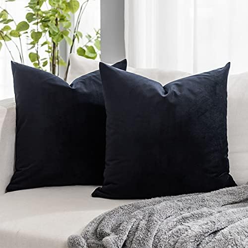 Black Euro Decorative Velvet Throw Pillow Covers 26x26 inch Set of 2 with Zipper Luxury Soft Solid Square Cushion Covers Case for Sofa Couch Bed Living Room