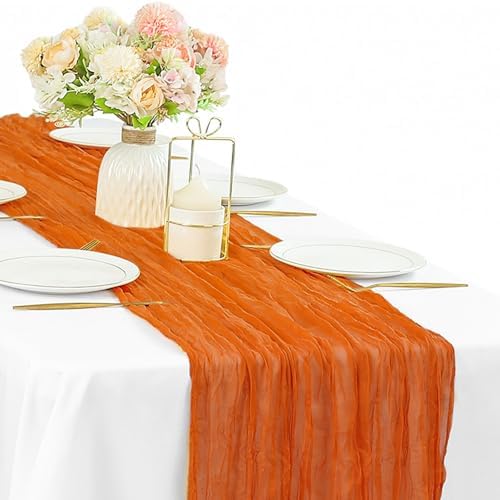 10FT Orange Cheesecloth Table Runner Boho Gauze Fabric Runner for Tables Rustic Sheer Runner for Wedding Bridal Shower Birthday Holiday Party Cake Table Arbor Decor (35 x 120 Inches Long)