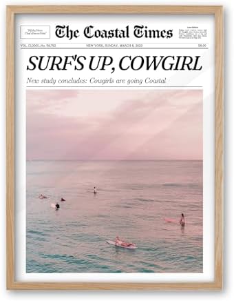 iHery 16x20in Surf’s Up Cowgirl Framed Newspaper Wall Art | Natural OAK Wood Frame with Canvas Print, Coastal Cowgirl Decor for Bedroom, Dorm, Living Room and Bar Cart, 1Pack