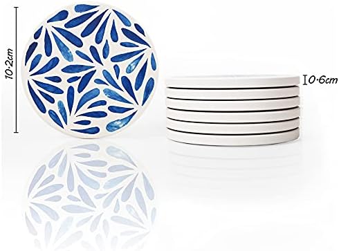 AD Set of 6 Coasters for Drinks Absorbing Round Ceramic Stone Coaster with Cork Base,Tabletop Protection Mat for Mugs and Cups,Office,Kitchen (Indigo Blue with Holder)