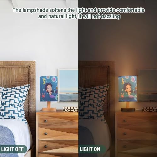 Mermaid Girl Seahorse Starfish Sea Turtle Crab Ocean Bubble Table Lamp with Wood Base Fabric Lamp Shade Bedside Nightstand Desk Lamp for Living Room Bedroom Kids Room Office