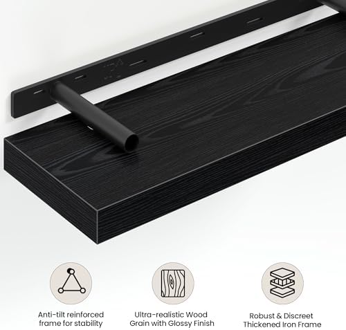 Vivelove 30 Inch Floating Shelves Wall Mounted for Display, 6.5 Deep Duty Shelves with Invisible Brackets for Living Room,Bedroom,Kitchen, Bathroom Storage & Decor,30" Wx6.5 Dx1.4 H - Black